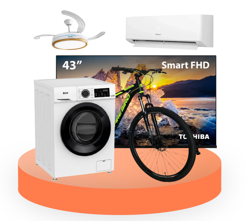 Imagen de varios electrodomésticos y una bicicleta para representar la línea de electro de Pago Semanal