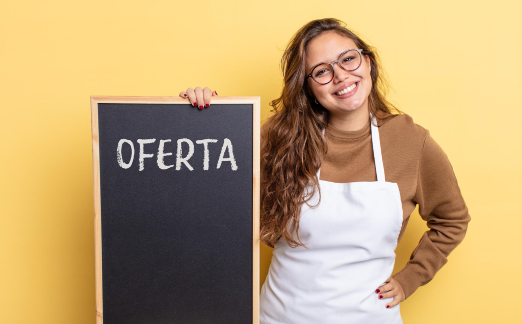comerciante comunicando ofertas pago semanal